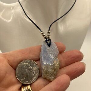 NEW Blue Lace Agate Raw Edge Pendant Necklace Genuine Leather Cord Gift Box Incl